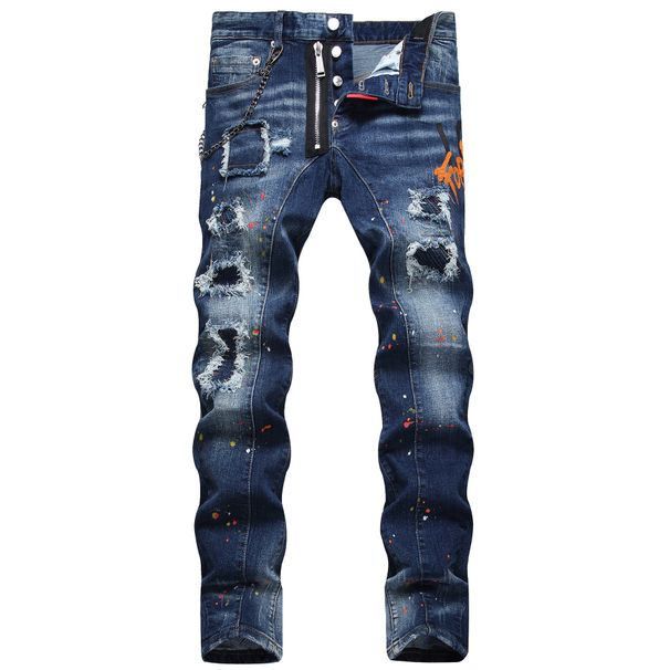 Men's Clothing Men's High Street Style Ripped Patchwork Painted Ornaments Slim Fit Mid Waist Jeans Fashion Trousers_mkmklike.com