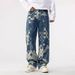 Men's Clothing Printed Jeans Autumn Checkerboard Loose Wide Leg Straight Casual Trousers_mkmklike.com