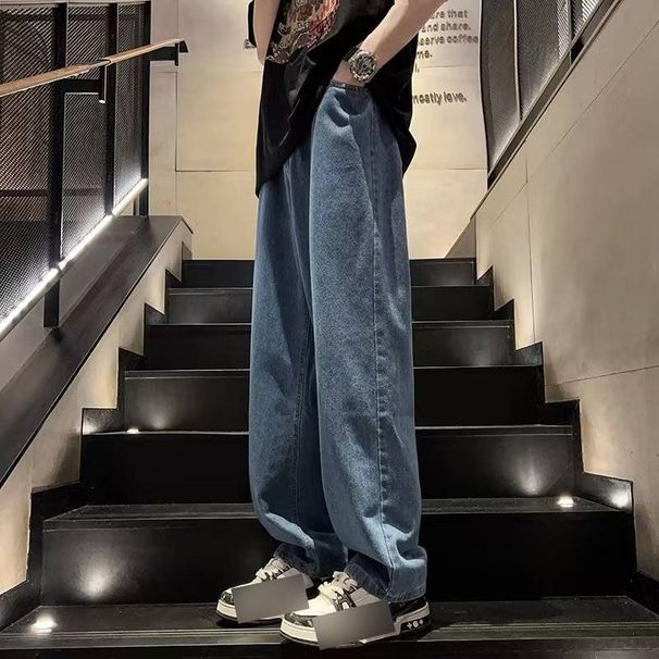 Men's Black Gray Denim Jeans Spring Style Cleanfit Loose Wide Leg Mid Waist Casual Trousers Trendy Retro Hong Kong Style_mkmklike.com