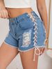 Distressed High-Waisted Ripped Denim Shorts For Women – Edgy Gothic Punk Style With Eyelet & Bandage Details (Black/White/Red/Blue/Army Green, S-XXL)_mkmklike.com