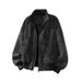 Gray Tie-Dye PU Leather For Men, Autumn American Retro Boxy Fit Coat, Stylish Stand Collar Workwear Baseball Jacket_mkmklike.com