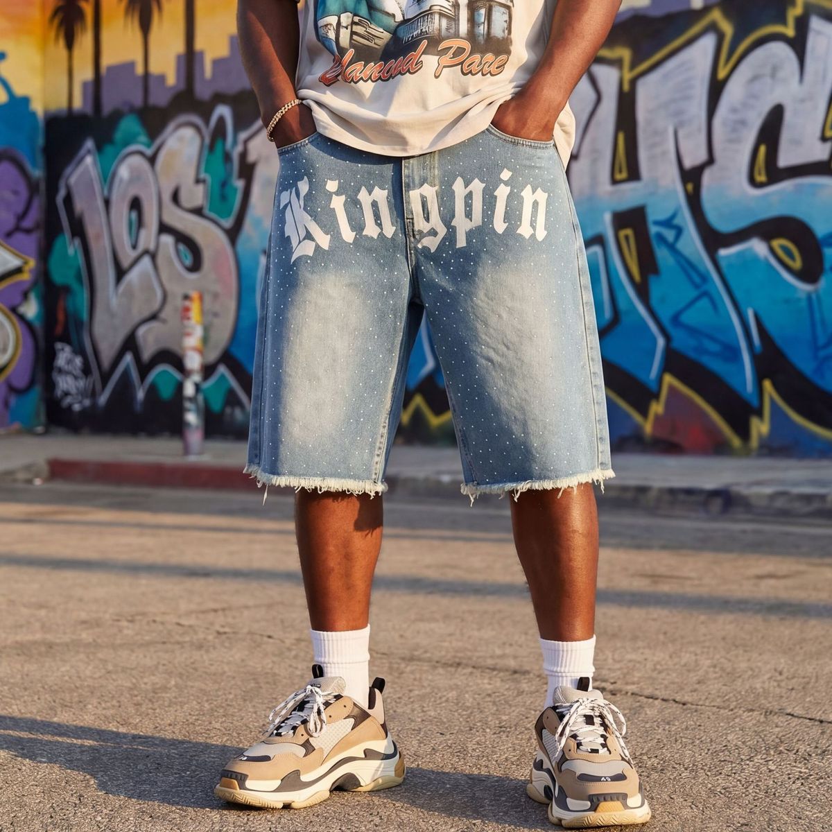 Hip Hop Y2K Men's Denim Shorts Exclusive Supply Hot Stamped Rhinestone Print Summer Thin Loose Five Point Pants_mkmklike.com