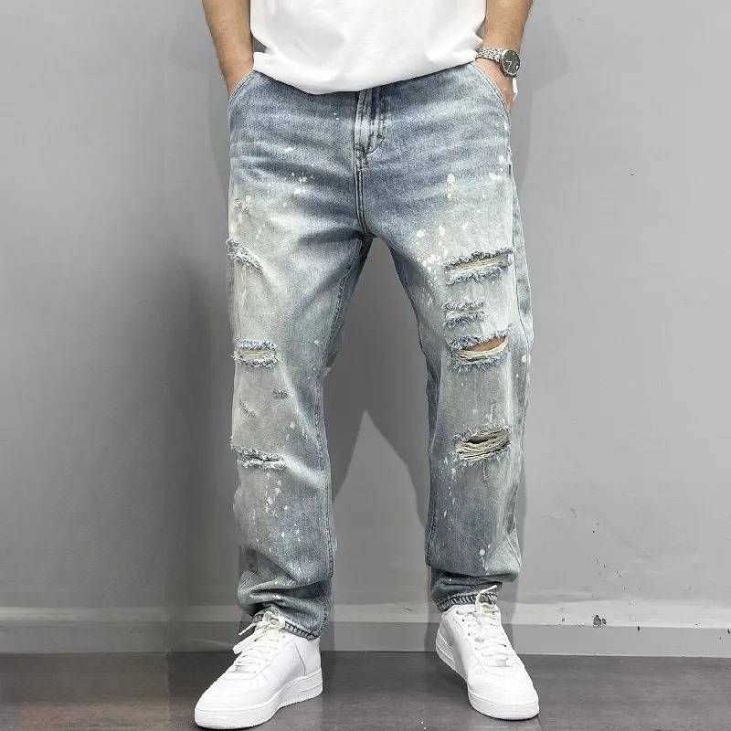 Streetwear Spray Paint Jeans - Distressed Washed Denim Pants With Graffiti Art, Straight Leg Unisex High Waist Ripped Jeans (Blue, 28-36)_mkmklike.com