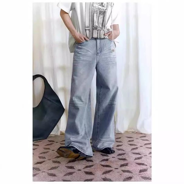Men's Clothing Washed Denim Jeans Messy Whiskered Distressed Light Blue Washed Denim Jeans - Baggy Fit High Street Style With Cat Whisker Details_mkmklike.com