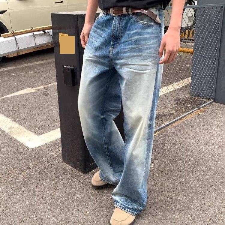 Men's Clothing Washed Blue Flared Jeans Vintage Washed Blue Straight Leg Jeans, High Street Drop Cuff Denim Pants For Men (S-3XL, Distressed Finish)_mkmklike.com