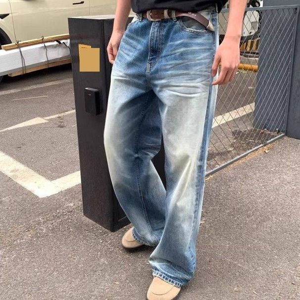 Men's Clothing Washed Blue Flared Jeans Vintage Washed Blue Straight Leg Jeans, High Street Drop Cuff Denim Pants For Men (S-3XL, Distressed Finish)_mkmklike.com