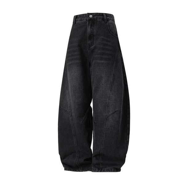 Split Structure Retro Washed Scimitar Jeans For Men, Autumn Style, Trendy Brand, Loose Fit, Casual Straight Long Pants_mkmklike.com