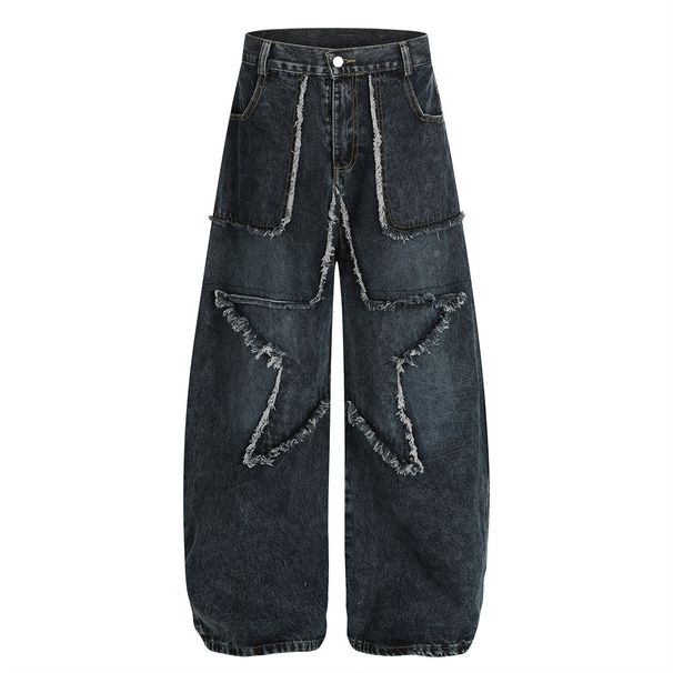 Patchwork Design Scimitar Denim Men Loose Washed Frayed Edge Five-Pointed Star Patch Wide-Leg Pants Street Fashion_mkmklike.com