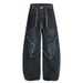 Patchwork Design Scimitar Denim Men Loose Washed Frayed Edge Five-Pointed Star Patch Wide-Leg Pants Street Fashion_mkmklike.com