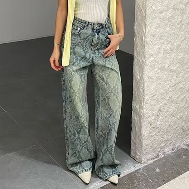 Women's Clothing Casual Streetwear Snake Print High-Waisted Jeans – Women’s Stretch Denim Pants With Washed Effect & Straight Leg (S-L, Blue)_mkmklike.com