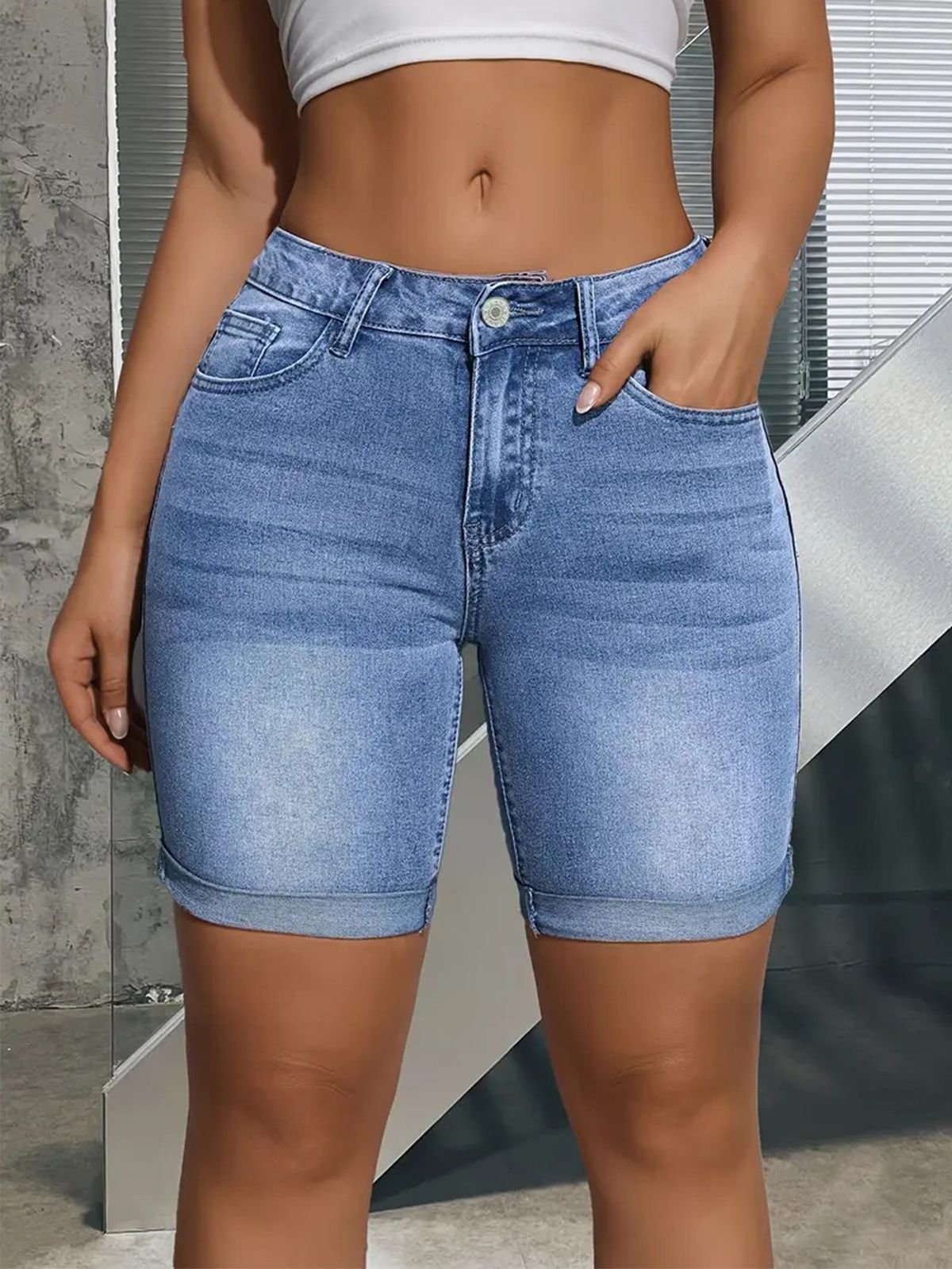 Women's Light Blue Denim Shorts Multi Layered Stretchy Slimming Versatile Mid Length Simple Folded Hem_mkmklike.com
