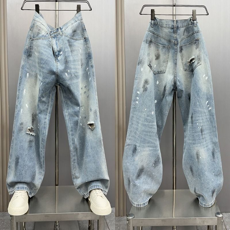 Men's Clothing Ice Blue Washed Denim Jeans Loose A-Line Wide Leg Men's Spring Summer American Style Cleanfit Vibe Trousers_mkmklike.com