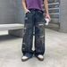 Men's Clothing Unisex Retro Style Faux Ripped Jeans Loose Fit Straight Leg Bronze Gray Washed Trendy Graffiti Design Casual Pants_mkmklike.com