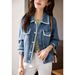 Women’s Lightweight Denim Jacket With Ribbon Trim – Loose Fit, Youthful Style (S-3XL, Bluish/Light Blue)_mkmklike.com