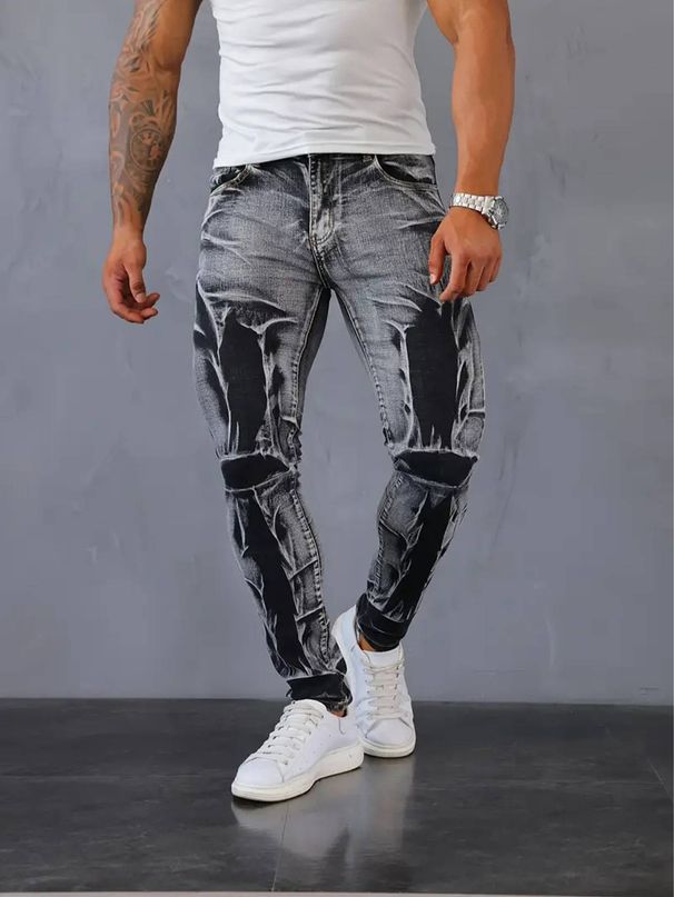 Premium Stretch Slim Fit Men's Jeans - Black Grey Distressed Denim Pants With Straight Leg & Mid Rise For Casual Wear_mkmklike.com