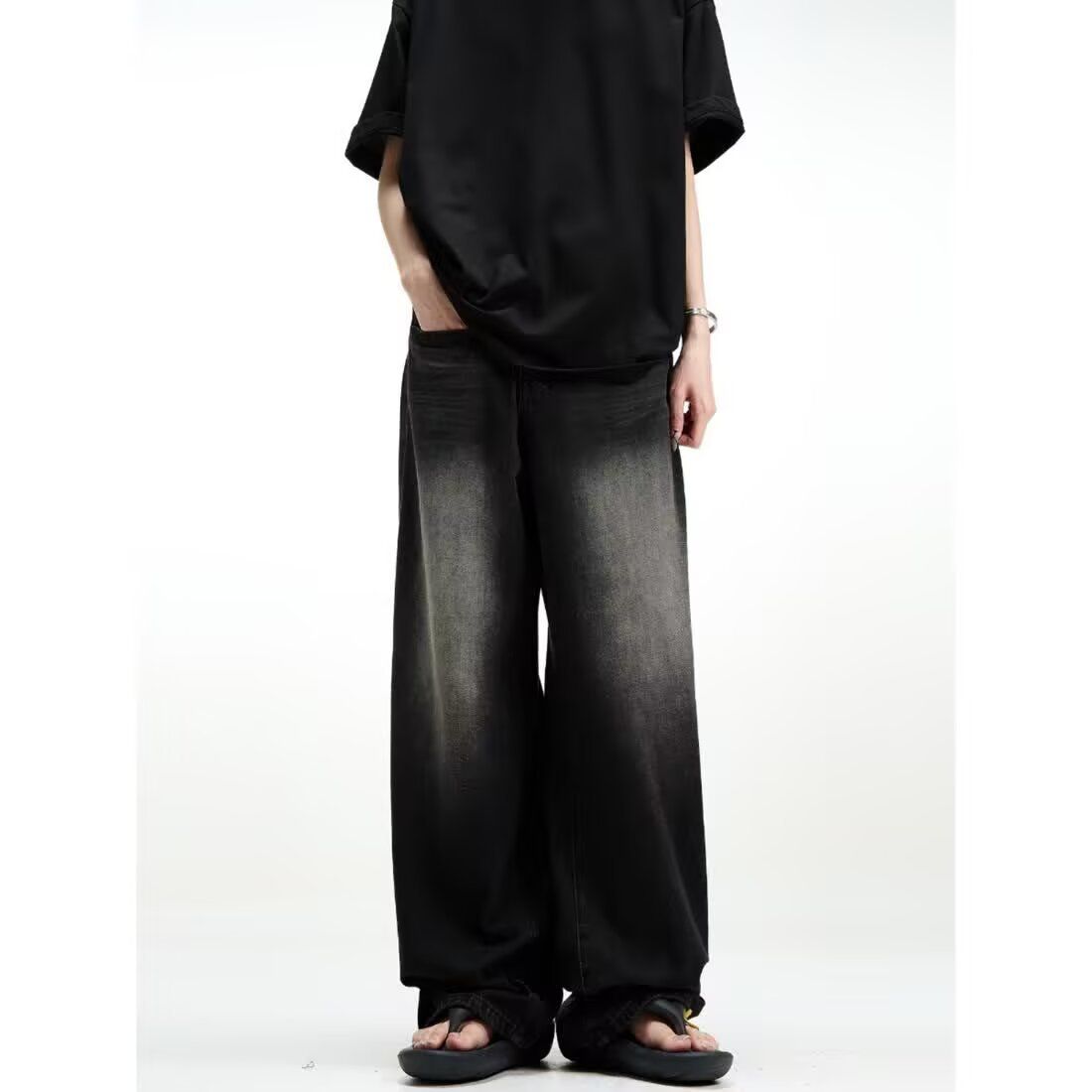 Men's Clothing Retro Washed Drape Loose Export Jeans Vintage Washed Loose Fit Oversized Denim Jeans - Black Straight Leg Wide Pants For Men & Women_mkmklike.com