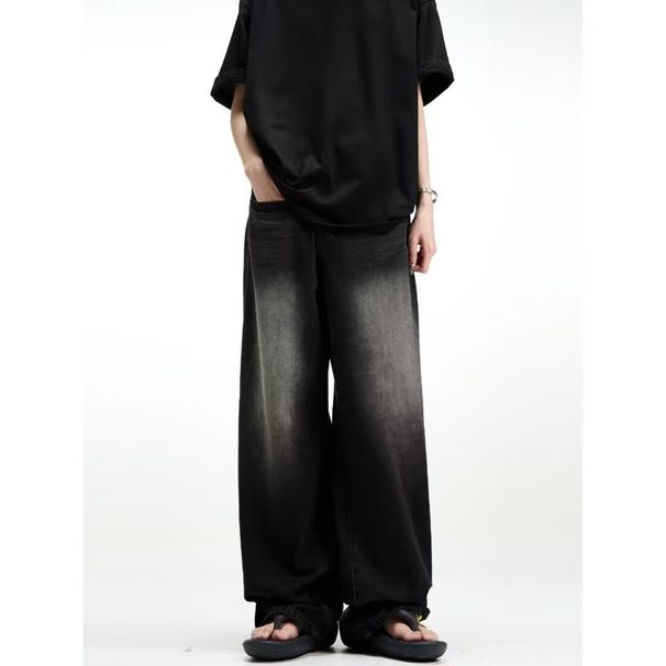 Men's Clothing Retro Washed Drape Loose Export Jeans Vintage Washed Loose Fit Oversized Denim Jeans - Black Straight Leg Wide Pants For Men & Women_mkmklike.com