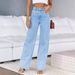 Women's Flared Stretch Denim Pants - High Waist Wide Leg, Vintage Washed Blue, Office-to-Weekend Versatility_mkmklike.com