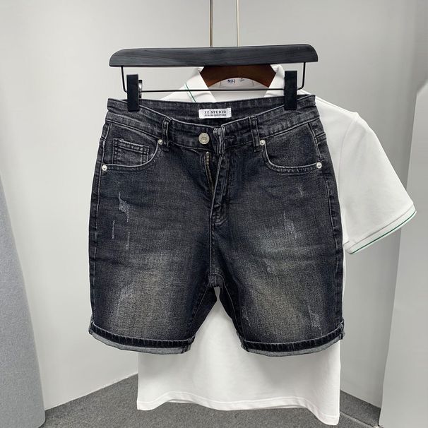 Men's Distressed Slim-Fit Denim Shorts Stretch Washed Black Grey Casual 5-Inch Shorts_mkmklike.com