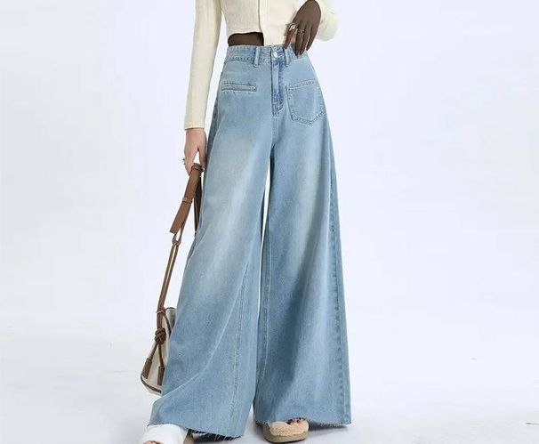 Women's High Waist Flared Jeans - Light Blue & Dark Blue Wide Leg Bootcut Pants With Stretch Comfortable Loose Fit For Casual & Office Wear_mkmklike.com