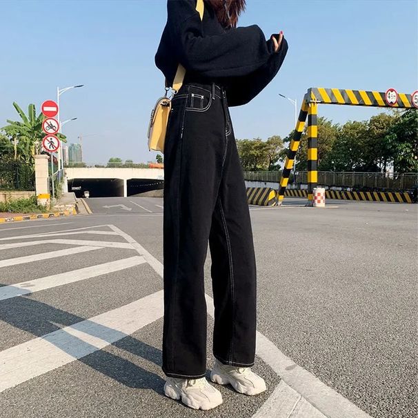 Women's High Waist Wide Leg Jeans – Black Korean Style Stretch Denim, Straight Fit, Comfortable & Slimming (S-2XL)_mkmklike.com