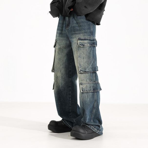 Men's Heavyweight Straight Leg Cargo Jeans Loose Fit Wide Leg Casual Trousers American High Street Style Trendy Cool_mkmklike.com