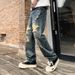 Men's Clothing Trendy Washed Straight Casual Pants Distressed Hole Denim Trousers Ripped Patches Embroidered Jeans_mkmklike.com
