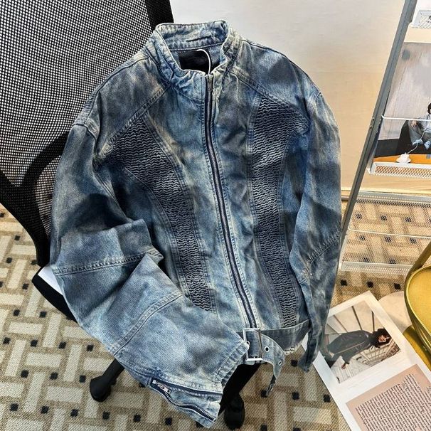 Distressed Denim Jacket Men's Vintage Washed Coat - Oversized Streetwear With Shoulder Pads & Belt - Grunge Aesthetic For Casual Outfits (Blue)_mkmklike.com
