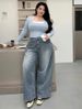 Blue Wide-Leg Distressed Jeans For Women – Extra Long, Relaxed Fit, High Waist, Vintage Streetwear (Cotton-Blend, S-XL, Oversized & Effortless)_mkmklike.com