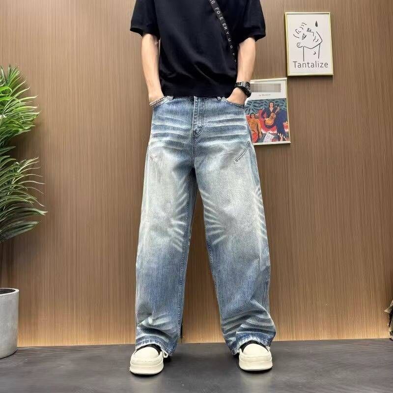 Vintage Washed Distressed Denim Jeans for Men Relaxed Fit Straight Leg Wide Hem Retro Style_mkmklike.com