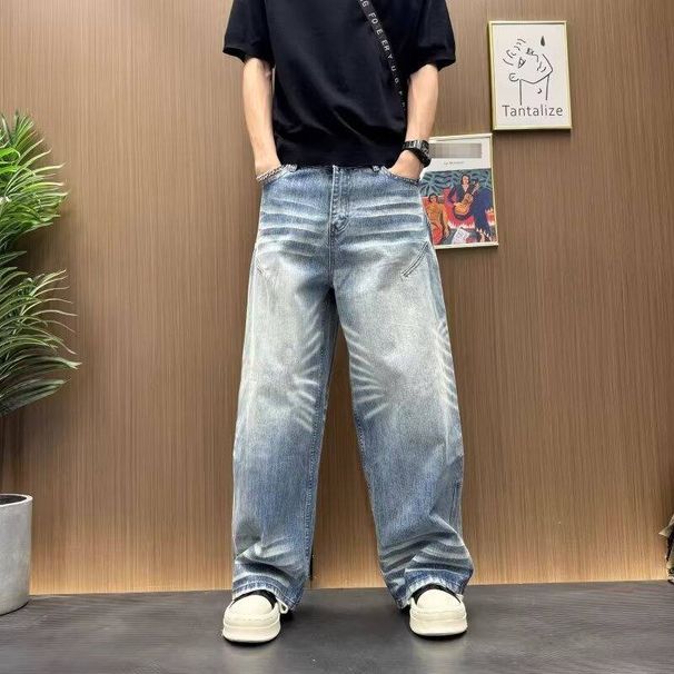 Vintage Washed Distressed Denim Jeans for Men Relaxed Fit Straight Leg Wide Hem Retro Style_mkmklike.com