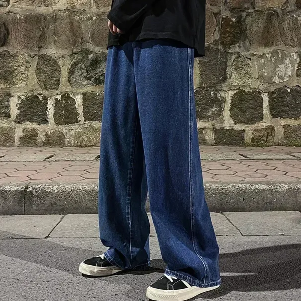 Men's American Wide-leg Loose Straight Casual Trousers Street Hip-hop Baggy Jeans Black Grey Blue Streetwear Men_mkmklike.com