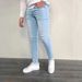 Summer New Men's Slim Fit Ripped Jeans Light Blue Mid Waist Casual Long Pants Cotton Standard Thickness Zipper Fly Slight Stretch_mkmklike.com