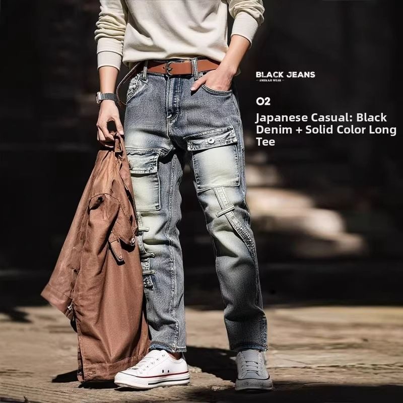 Men's Distressed Washed Jeans High Street Trendy Retro Casual Slim Straight Leg Pants With Pockets_mkmklike.com