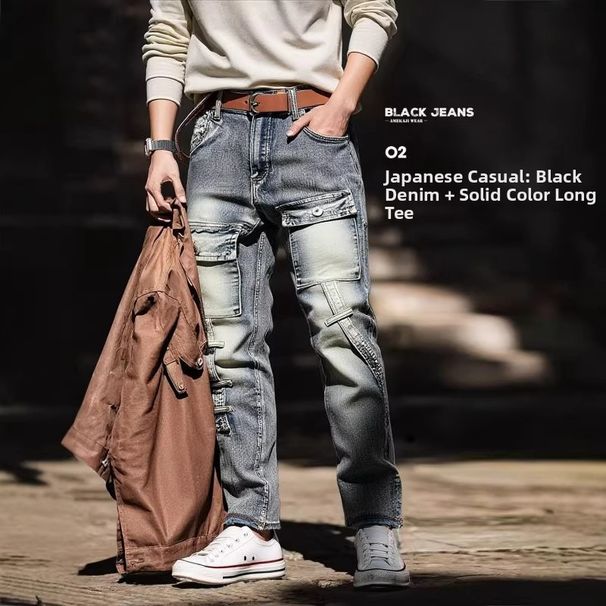 Men's Distressed Washed Jeans High Street Trendy Retro Casual Slim Straight Leg Pants With Pockets_mkmklike.com
