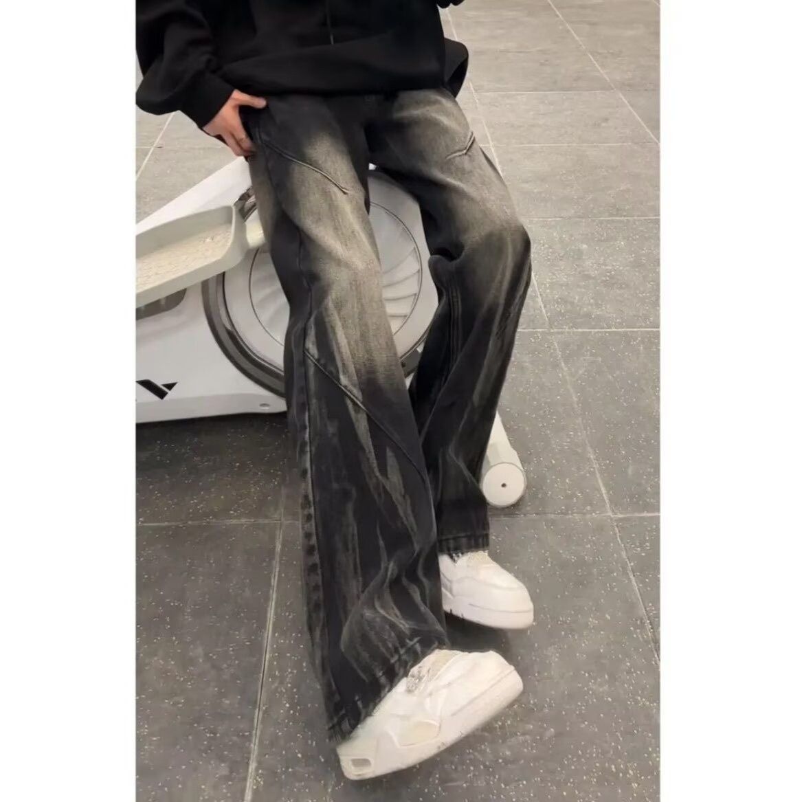 BOY American Retro Distressed Wide-Leg Jeans For Men, Patchwork Design, Tie-Dye, Loose Fit, Versatile, Floor-Length,_mkmklike.com