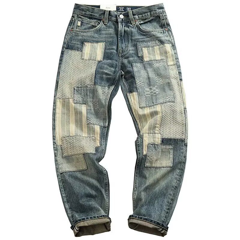 Men's Retro Patchwork Distressed Jeans Loose Straight Leg Casual Trousers Mid Waist For Spring Autumn_mkmklike.com