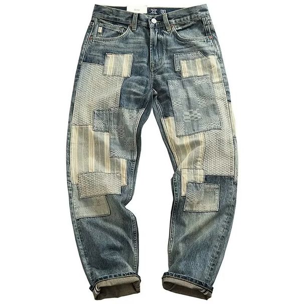 Men's Retro Patchwork Distressed Jeans Loose Straight Leg Casual Trousers Mid Waist For Spring Autumn_mkmklike.com