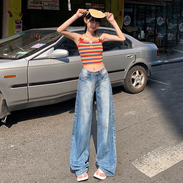 Women's Clothing retro wide leg jeans for women spring and autumn new straight loose high waist drape slim floor length pants_mkmklike.com