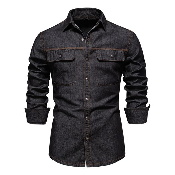 Autumn New High-quality Men's Washed Denim Casual Long-sleeved Shirt_mkmklike.com
