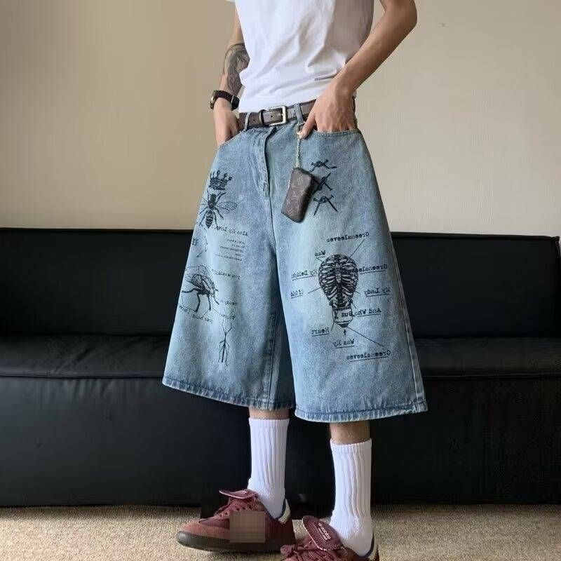 Men's Vintage Street Graffiti Print Denim Shorts - Retro Loose Fit Cargo Pants For Summer Casual Wear_mkmklike.com
