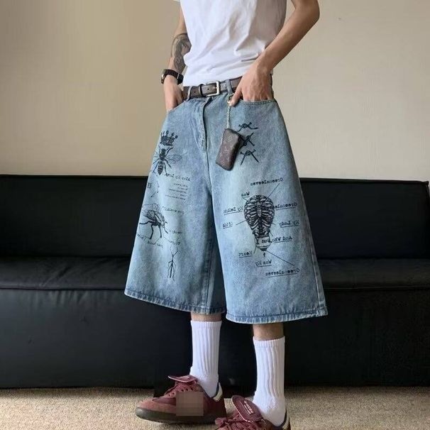 Men's Vintage Street Graffiti Print Denim Shorts - Retro Loose Fit Cargo Pants For Summer Casual Wear_mkmklike.com