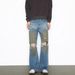 Hand-Painted American Style Straight-Leg Jeans For Men - Vintage Washed Denim Pants With Flared Hem, Comfortable Cotton Blend Fabric_mkmklike.com