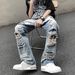 European And American High Street Vibe Pants Men's Summer Washed Ripped Jeans Oversize Straight Pants Nine Point Beggar Pants_mkmklike.com