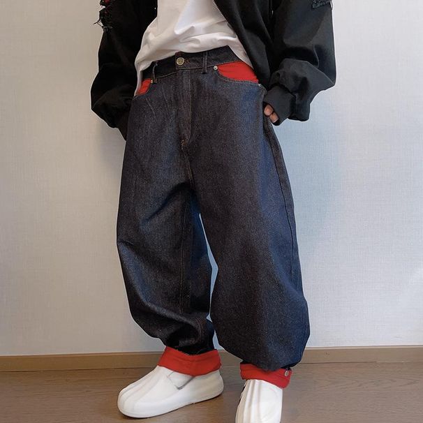 Men's Clothing Vintage Washed Distressed Denim Jeans For Men - Korean Style Relaxed Fit Straight Leg With Color Blocking & Turn-up Hem_mkmklike.com