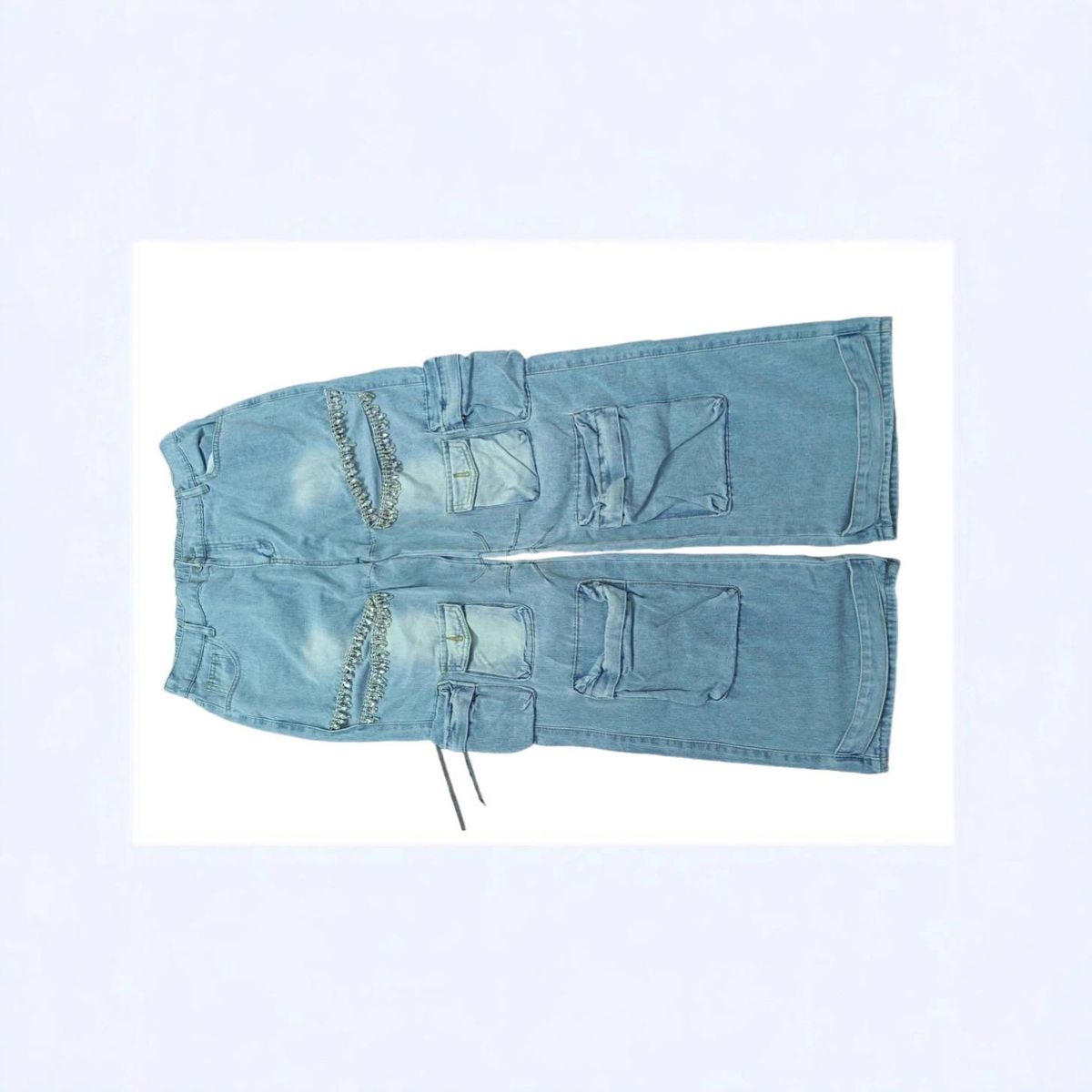 Distressed Denim Cargo Pants - Stretch High-Waisted Workwear Jeans With Rhinestone Embellishments & Multiple Pockets (S-Xxl)_mkmklike.com