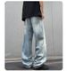 Men's Distressed Jeans High Street Style Washed Light Blue Loose Fitting Wide Leg Floor Length Trousers_mkmklike.com