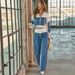 Women's Trendy Patchwork Beaded Denim Two Piece Set Casual Wide Leg Suit Loose Fit_mkmklike.com