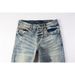 Unisex American Y2K Hip Hop Motorcycle Stacked Flared Jeans, Mud-Wash Vintage Blue With Contrast Lining & Large Rips, Black-White Splatter Paint, Brea_mkmklike.com