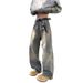 Men's High-Waisted Wide Leg Jeans Distressed Cement Yellow Loose Fit Slimming Straight Leg Pants Retro 2026 Autumn/Winter_mkmklike.com